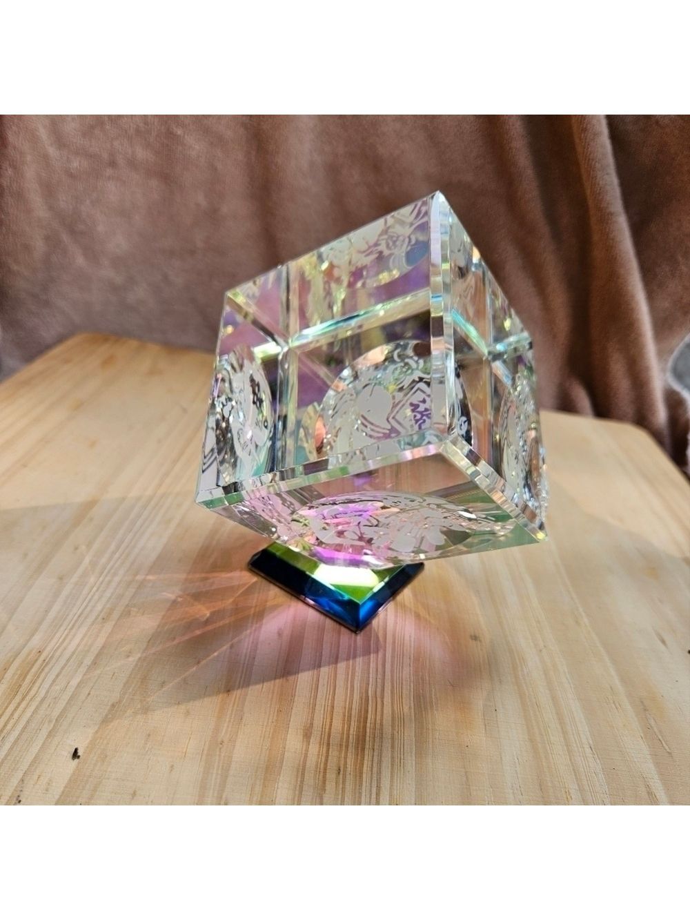 Crystal Glass Prism Cube with Engraved Etchings